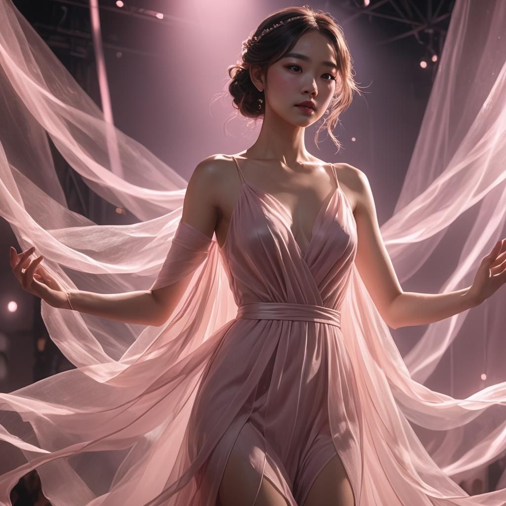 Ethereal Woman on Stage in Delicate Pink Dress