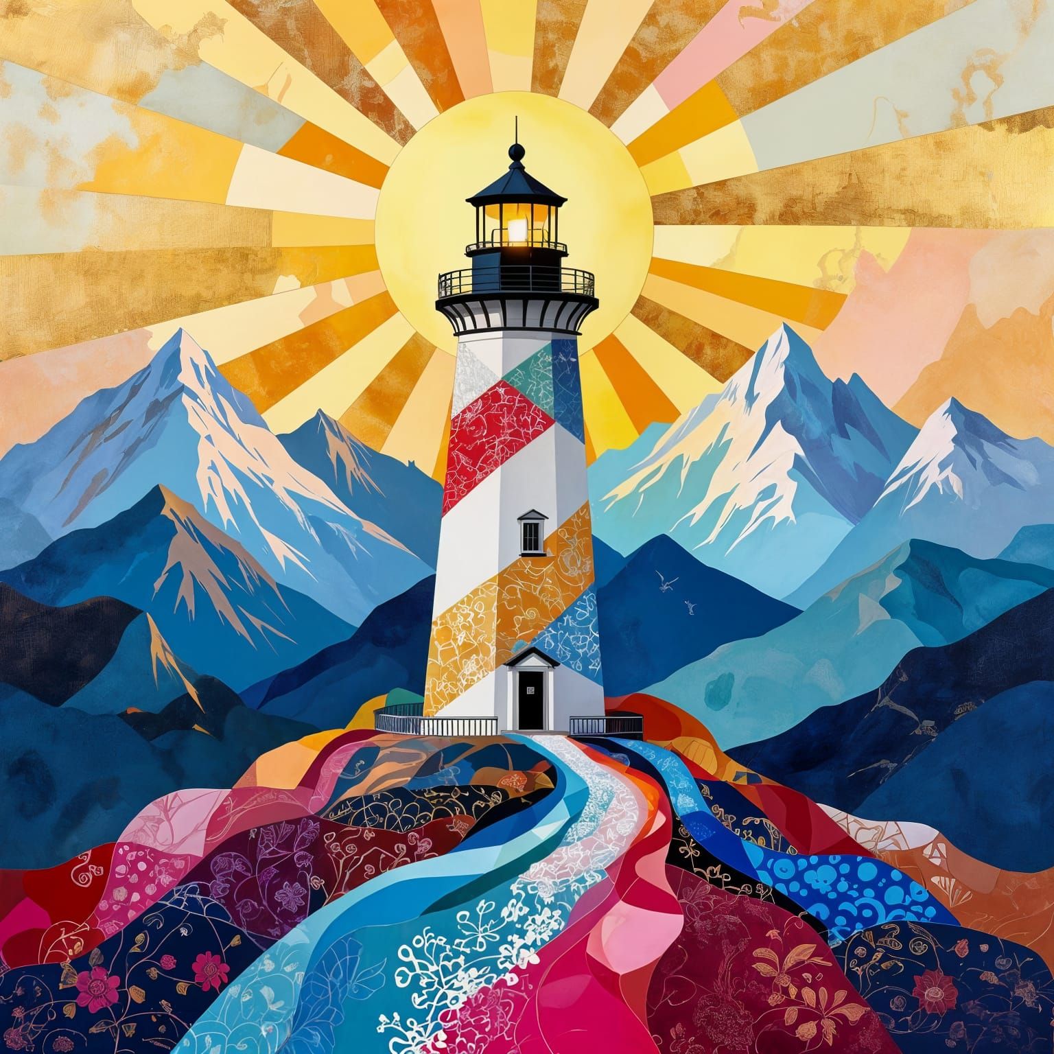 Surreal Lighthouse Painting with Textured Fabrics