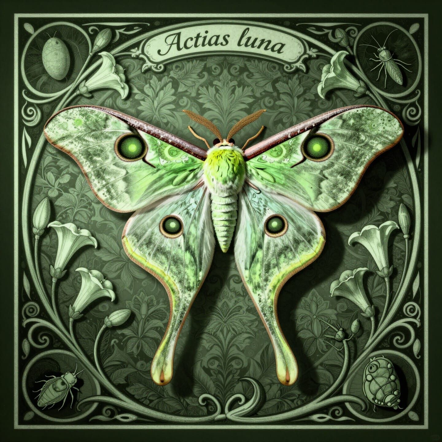 Art Nouveau Luna Moth Scientific Illustration in Green