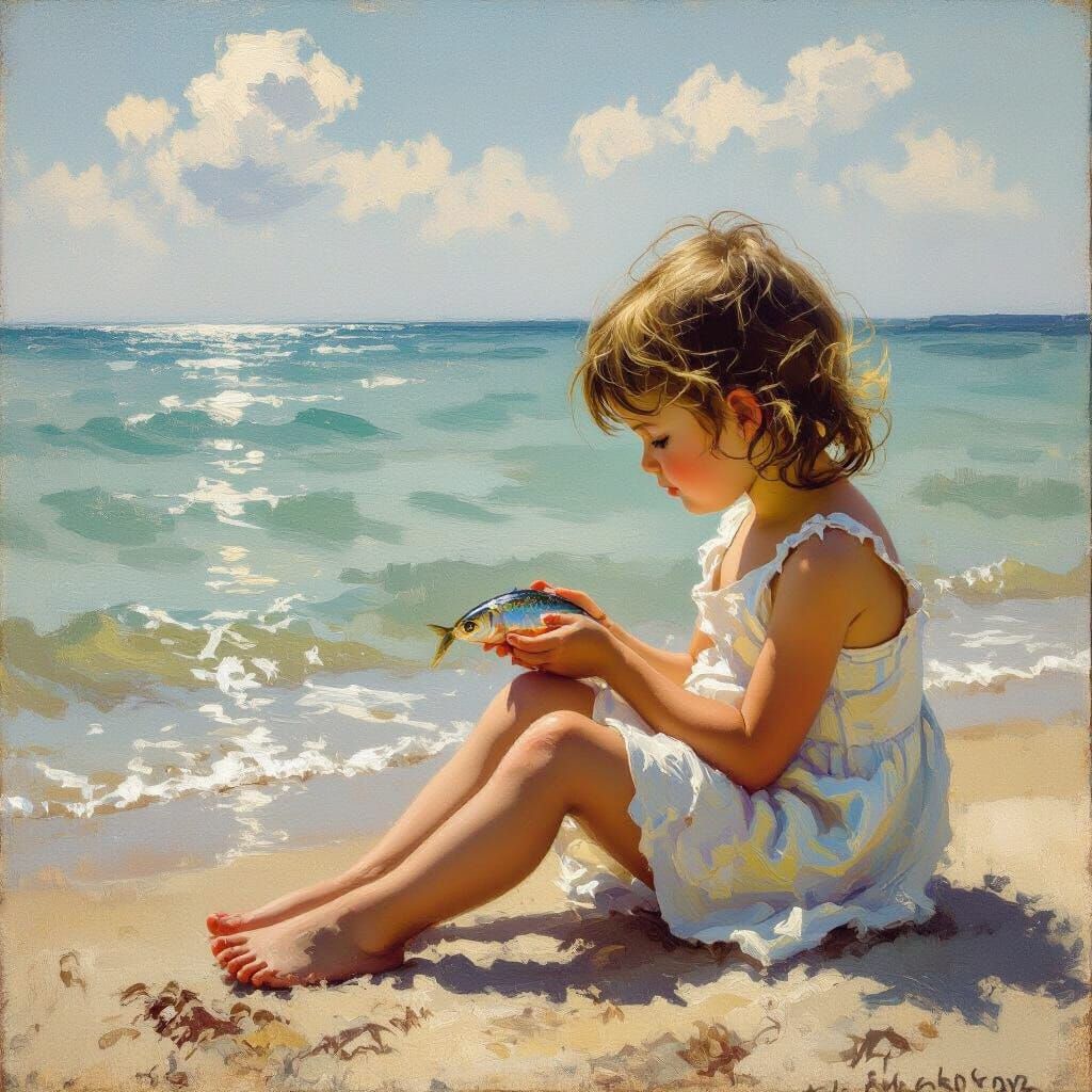 Child's Tender Moment with Fish on Beach