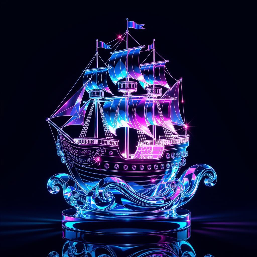 Crystal Sailing Ship Statue in Rococo Baroque Style