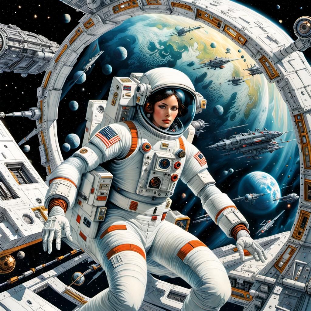 Cosmonaut in Zero-G Among Mechanical Armada