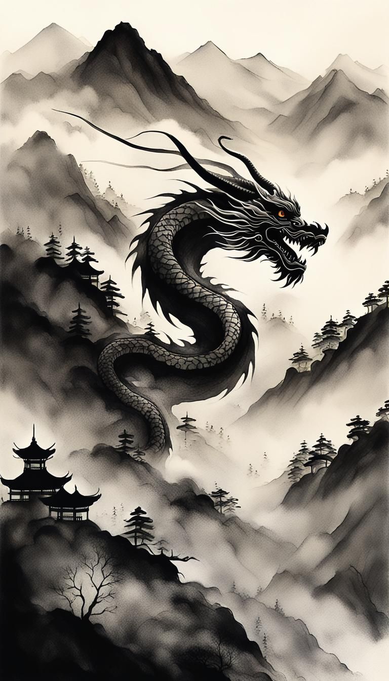 Black and white extreme minimalist Chinese ink brush paintin...