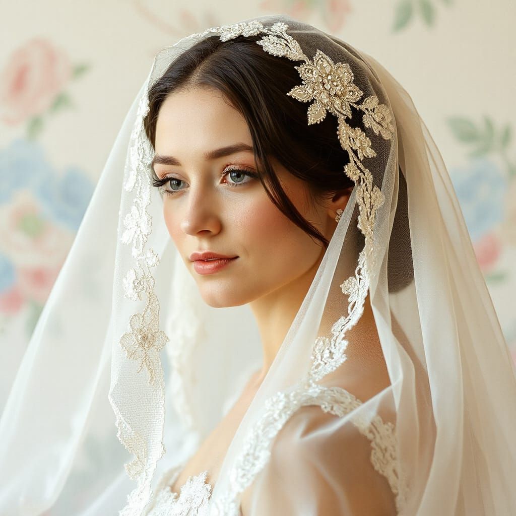 Ethereal Bride in Bejeweled White Lace Veil