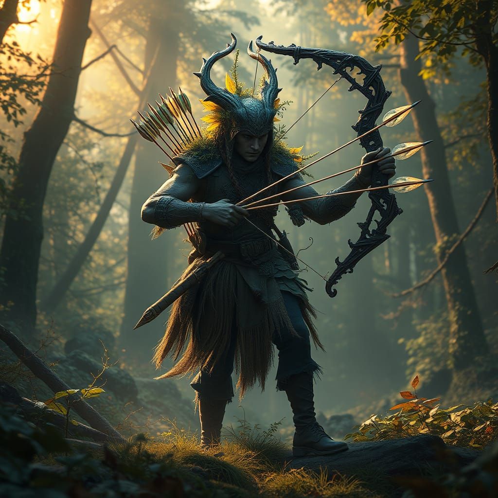 Majestic Monster Hunter in Lush Forest with Glowing Arrows