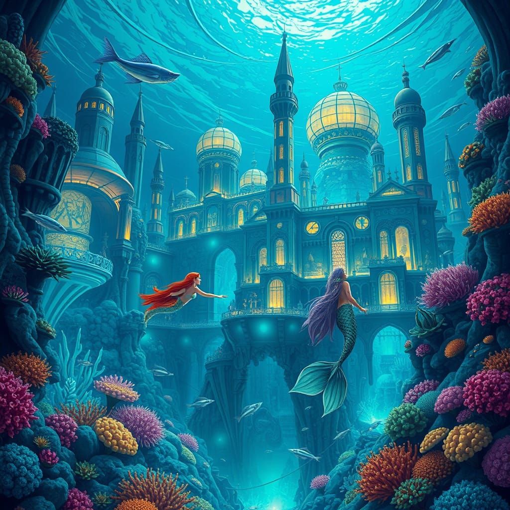 Bioluminescent Underwater City in Art Nouveau Style