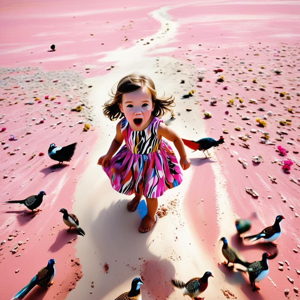 Girl Screams at Pheasants on Pink Beach