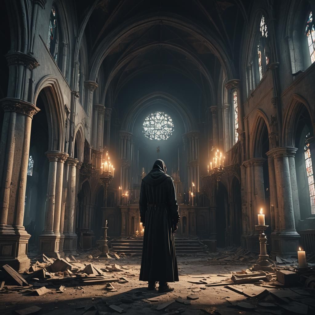 Ethereal Entity in Abandoned Church, Surrealist Style