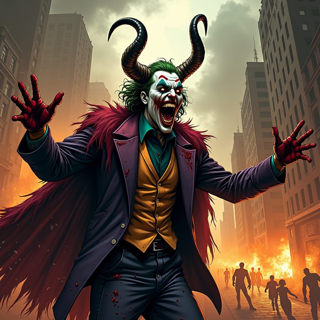 Joker-Loki Hybrid Surveys Burning Cityscape