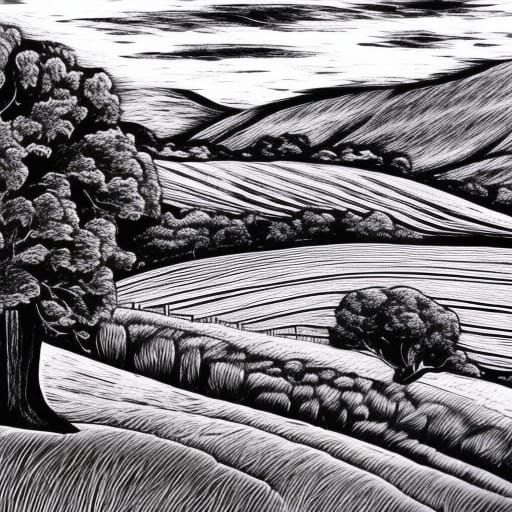 Landscape of the English countryside done in scratchboard
