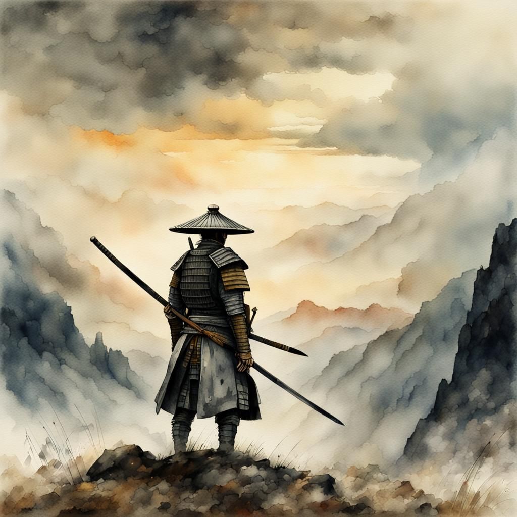Samurai Warrior Watercolor in Caspar David Friedrich Style