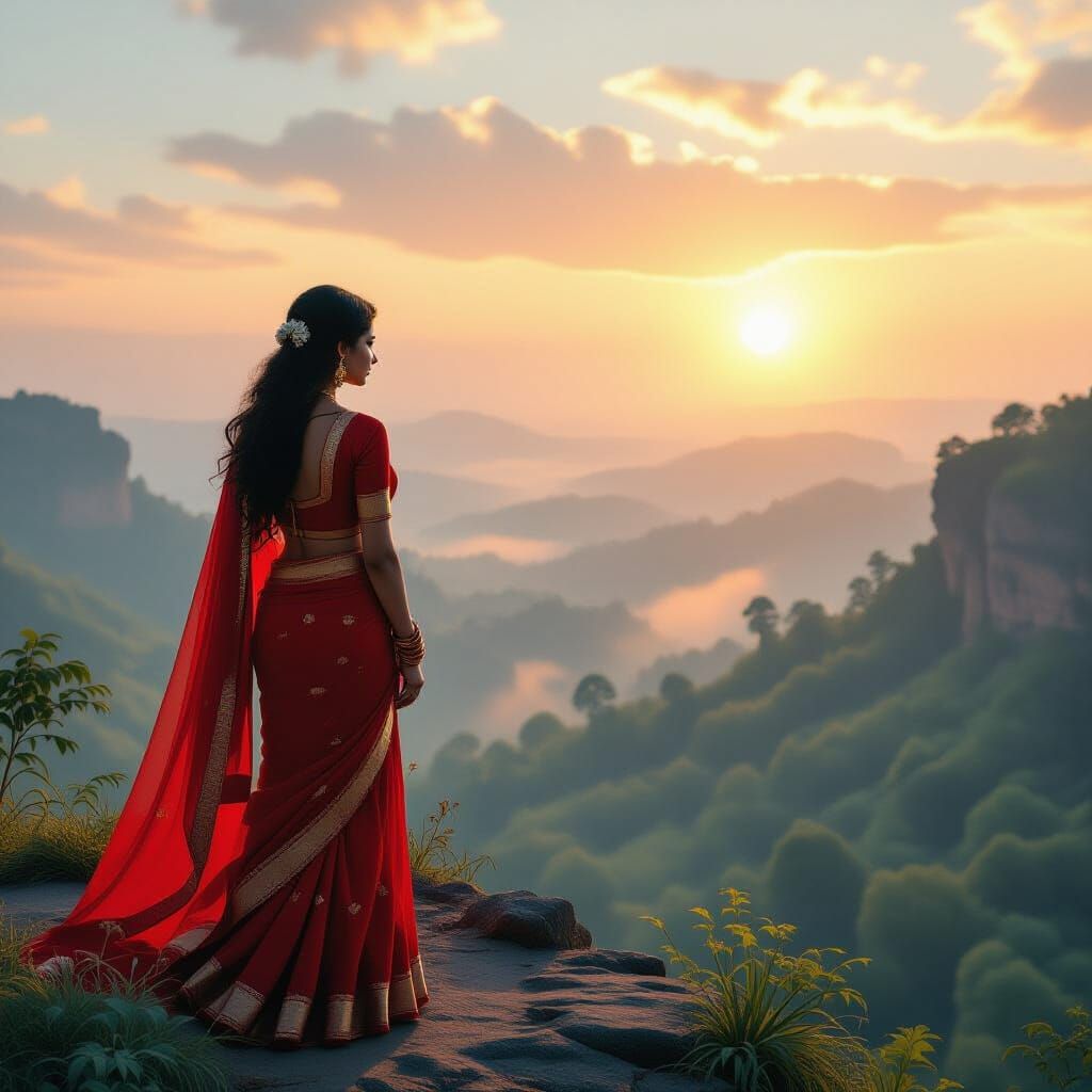 Hopeful Indian Woman at Sunrise, Cinematic Realism
