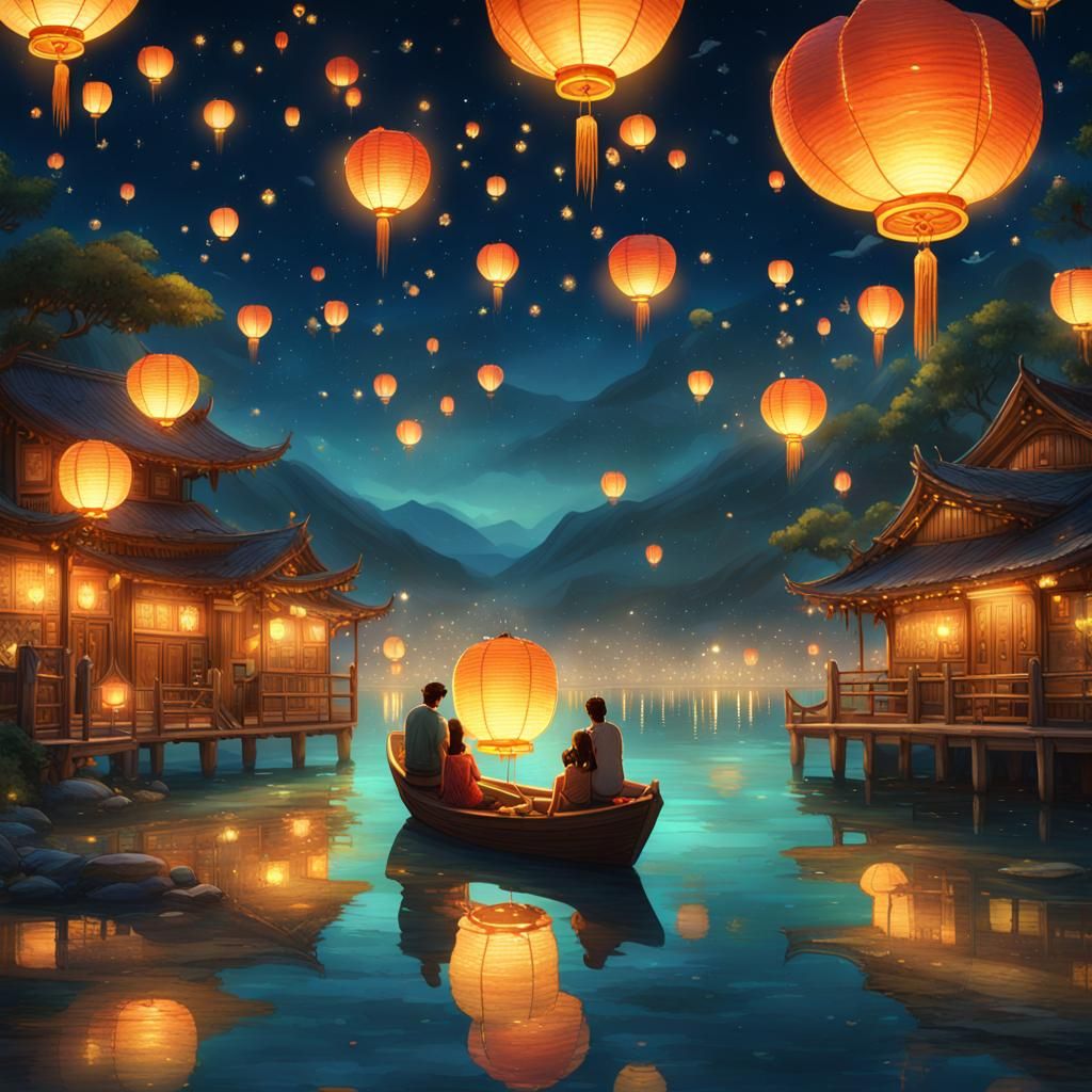 Polynesian Lantern Festival in Watercolor Style