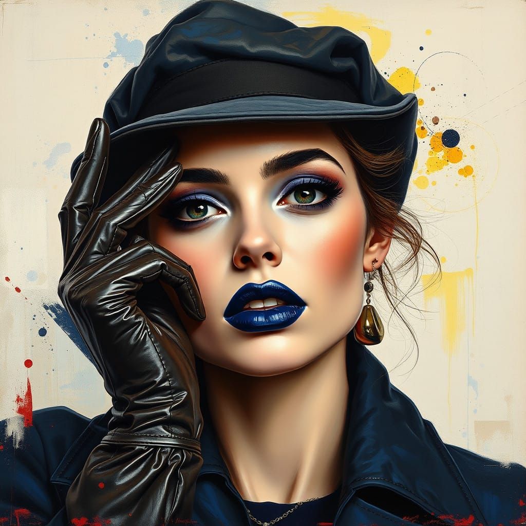 Mysterious Woman in Dark Blue Lipstick, Leather Gloves and a...