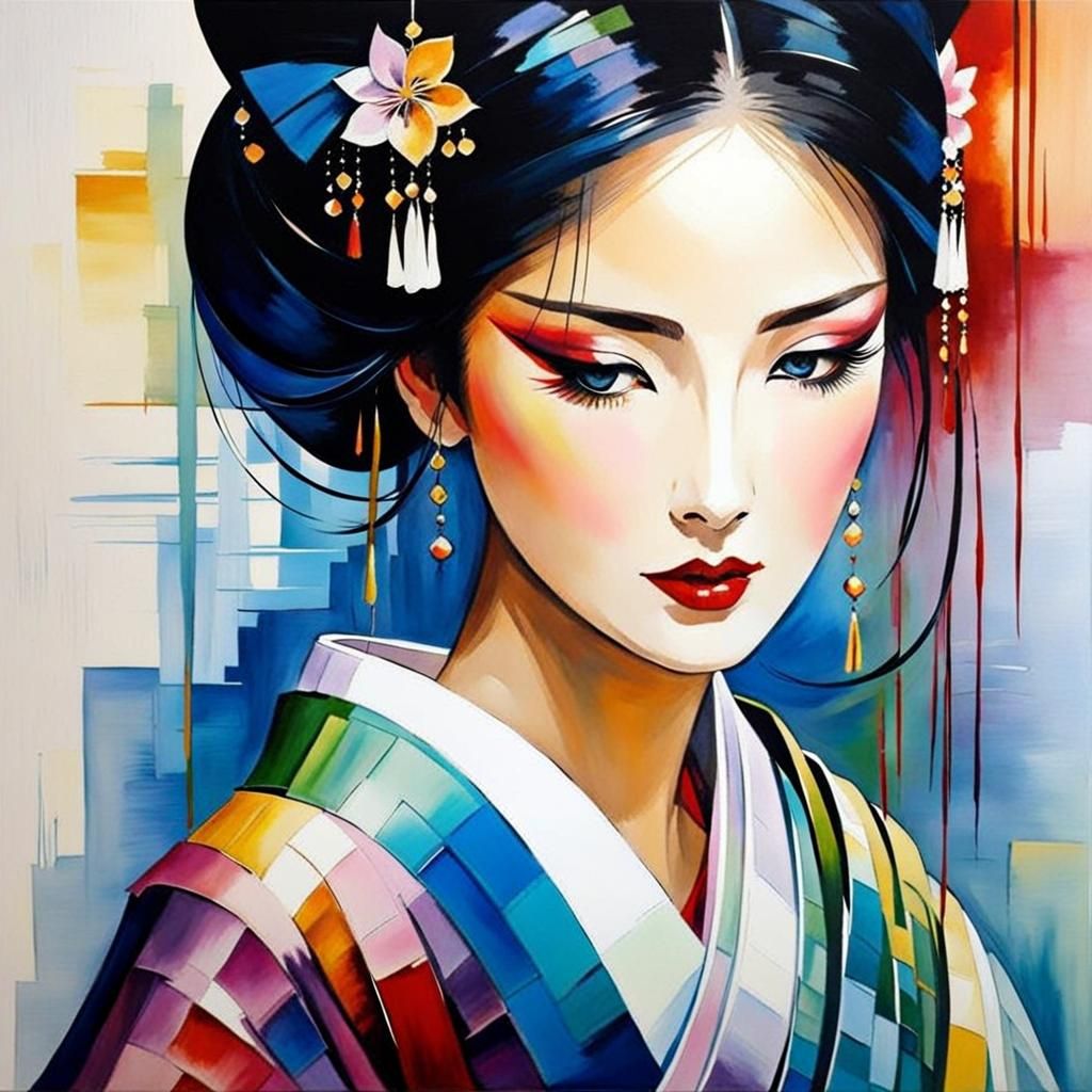 Alluring Geisha in Cel-Shaded Triadic Colors