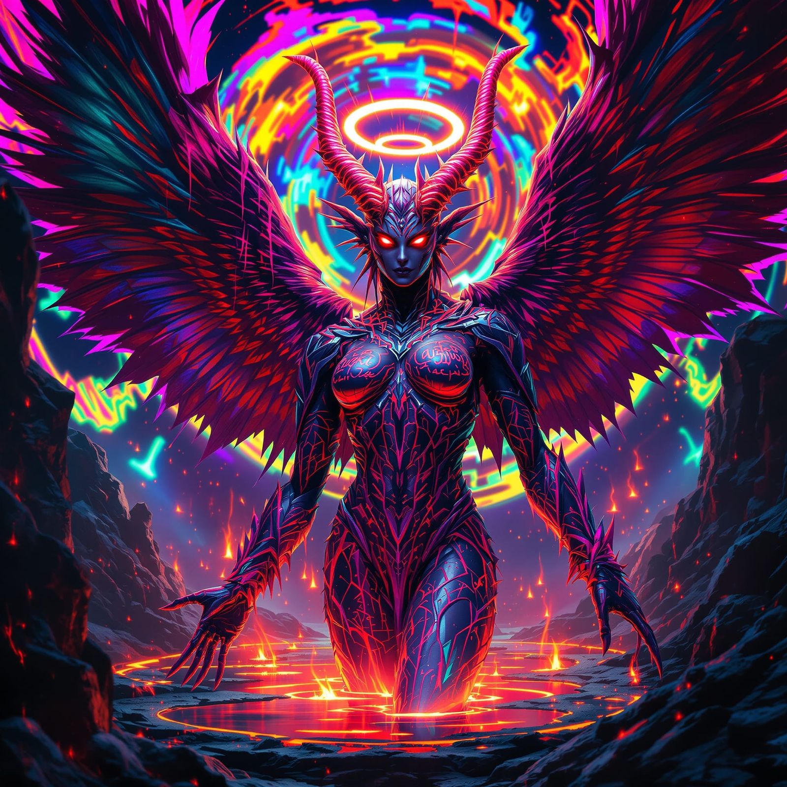 Goddess with Iridescent Horns and Fiery Halo
