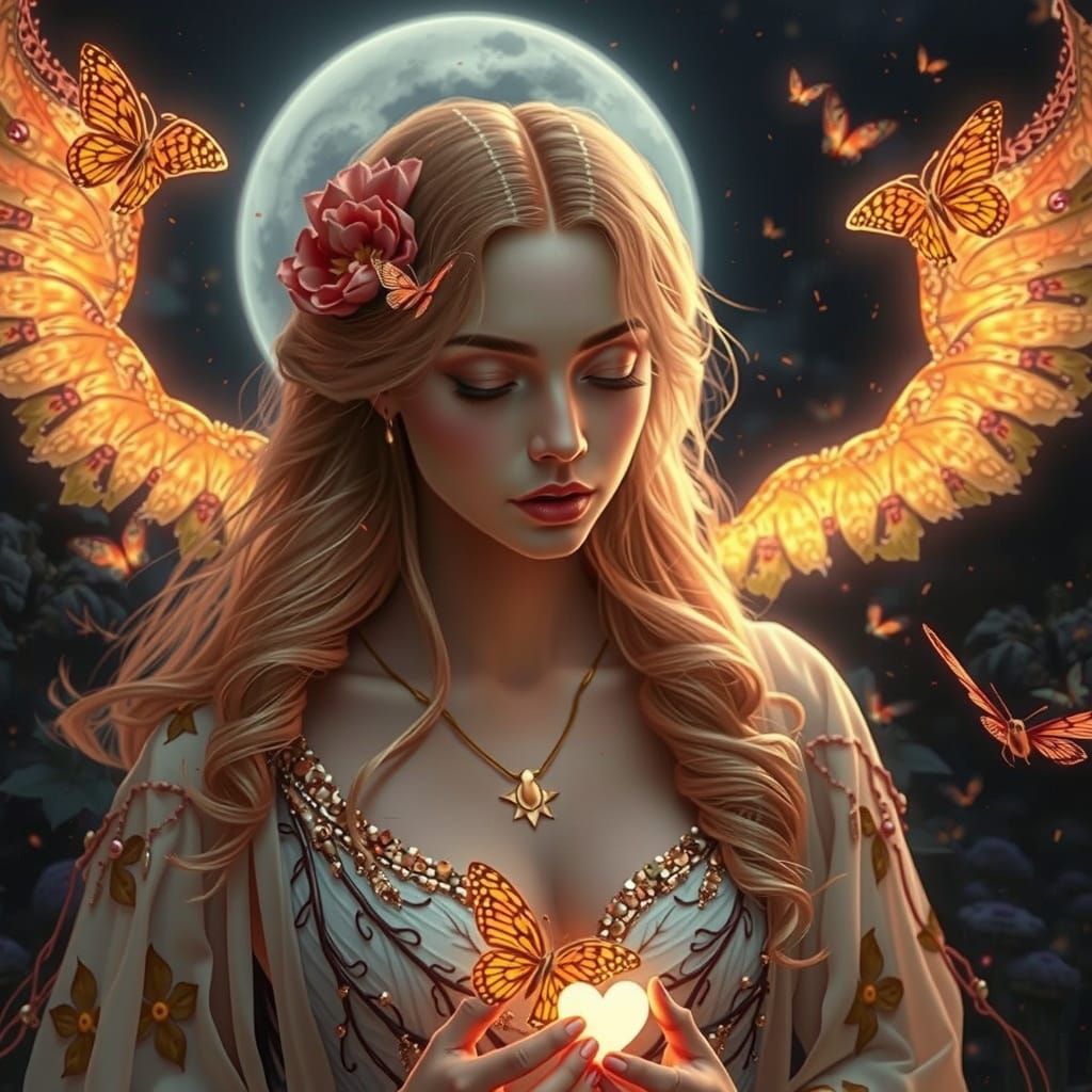 Ethereal Woman with Heart of Fire Under Moon