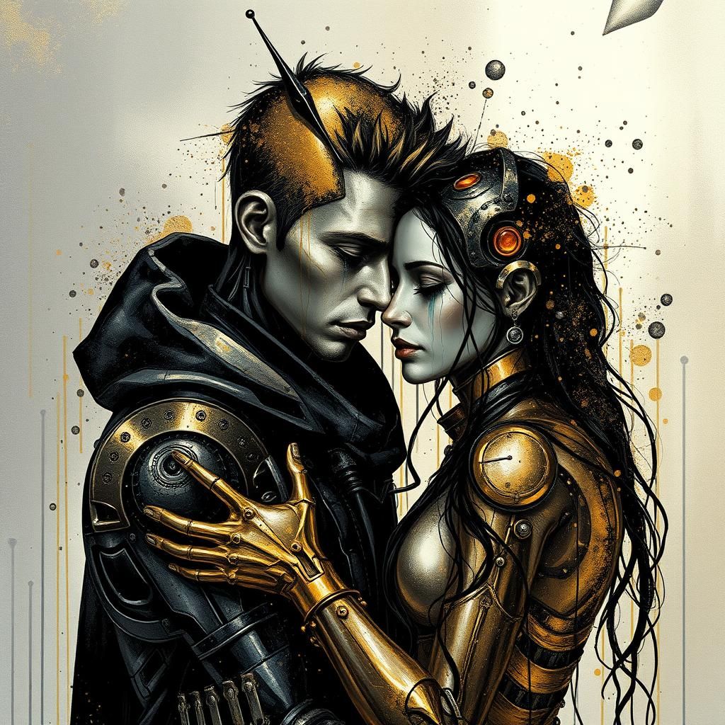 Cyborg Couple Embrace in Ink Splatter Art