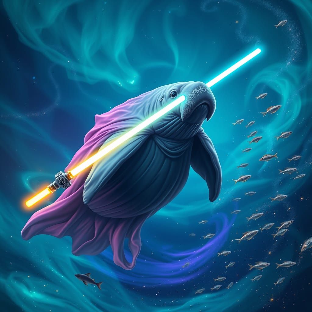 Majestic Jedi Manatee in Bioluminescent Ocean