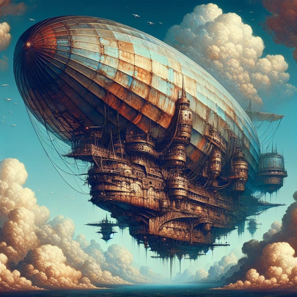 Rustic Airship Soaring Through Fantasy Sky