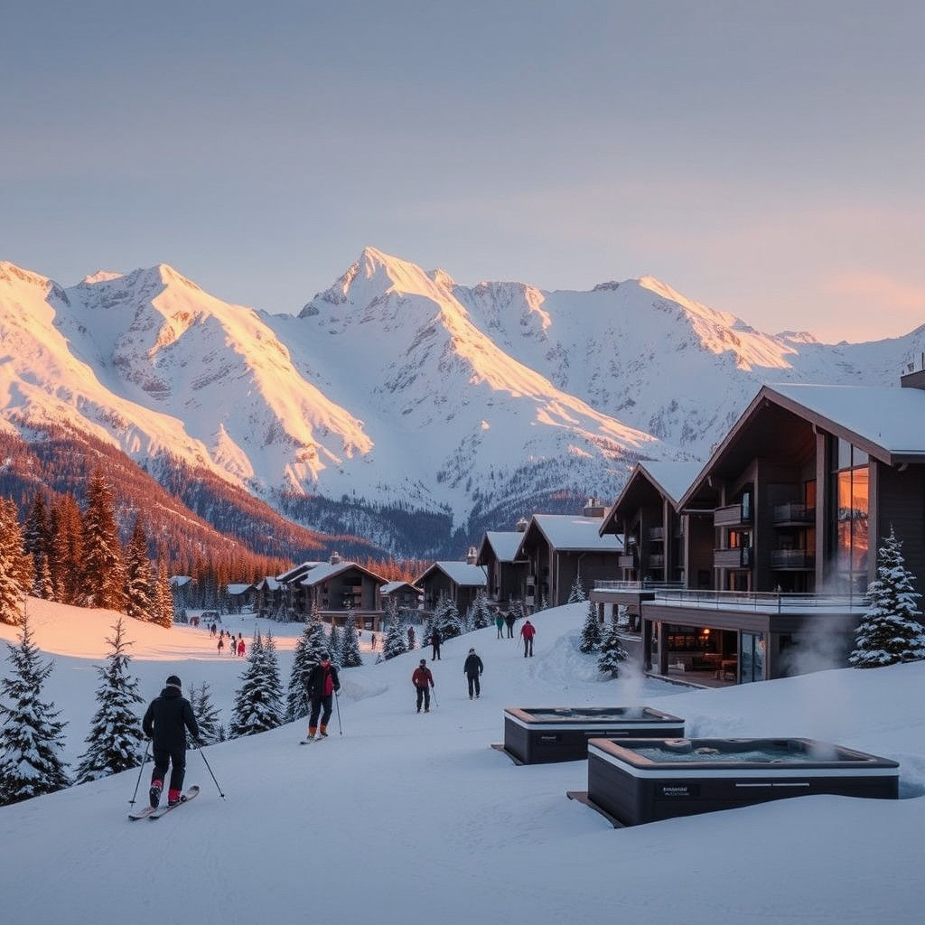 Luxury Ski Resort at Sunset in Golden Light