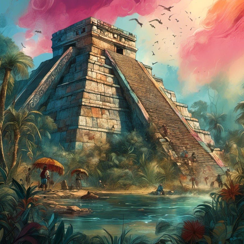 Colorful Detailed Matte Painting of Chichen Itza
