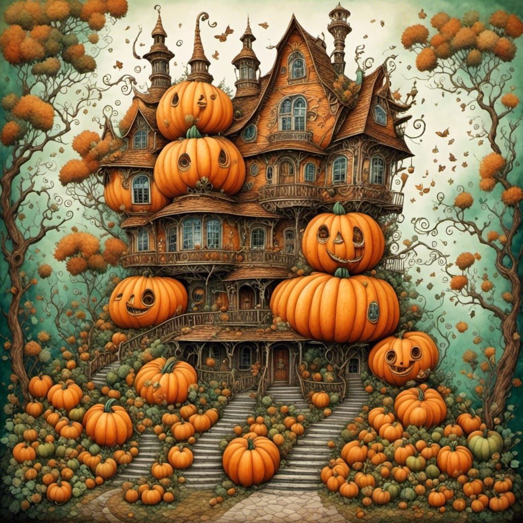 Whimsical Pumpkin House with Porches, Surreal Illustration