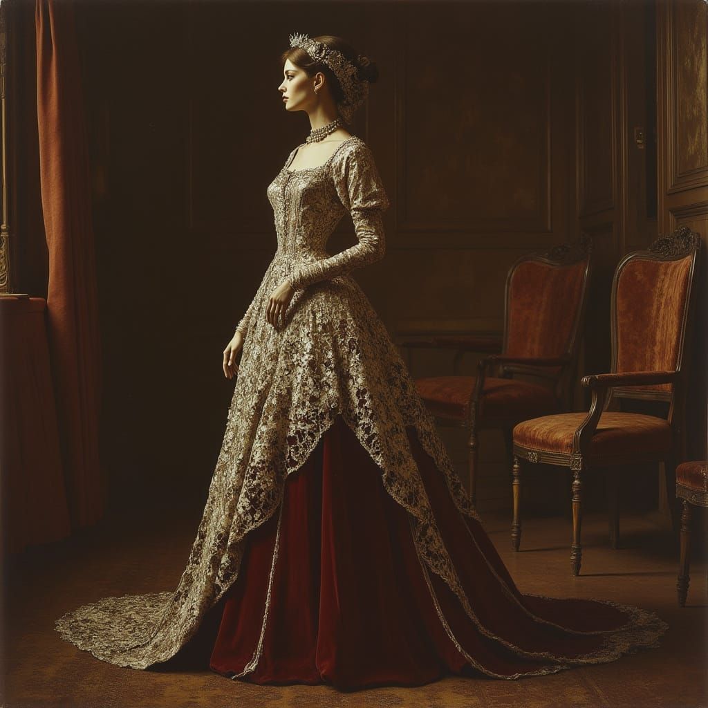Victorian Lady in Lavish Gown Poses in Ornate Parlour