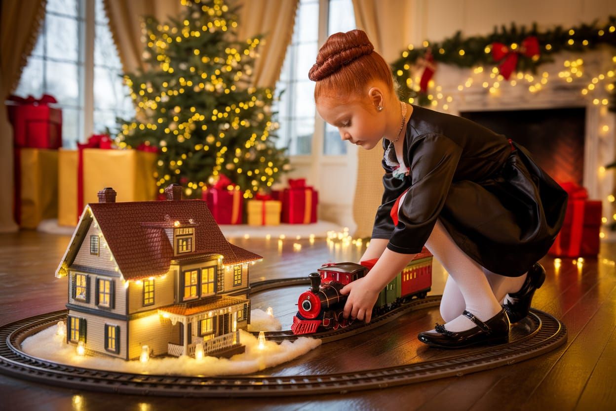 Cozy Holiday Scene with Young Girl and Christmas Train Set