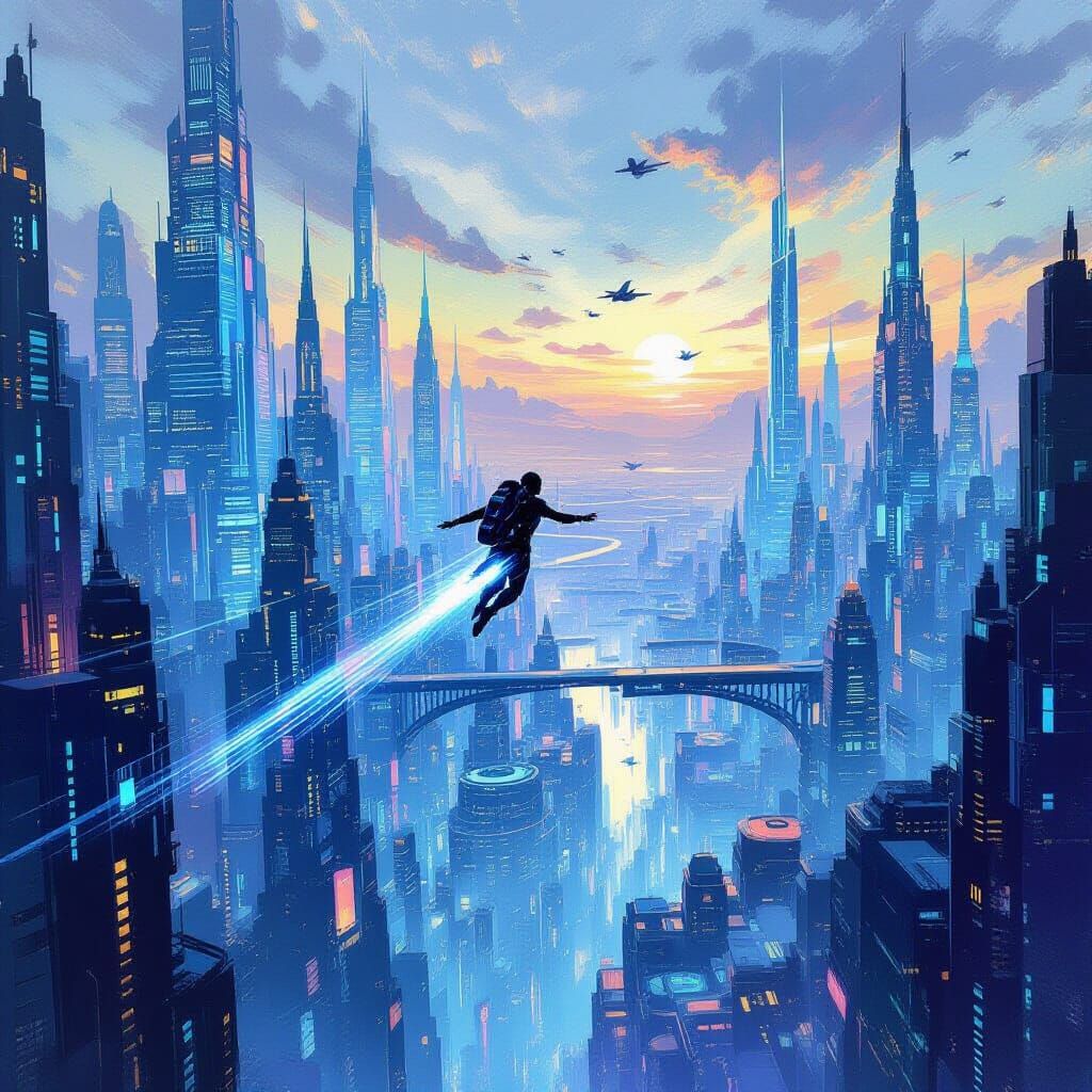Futuristic Cityscape with Flying Humans in Gouache Style