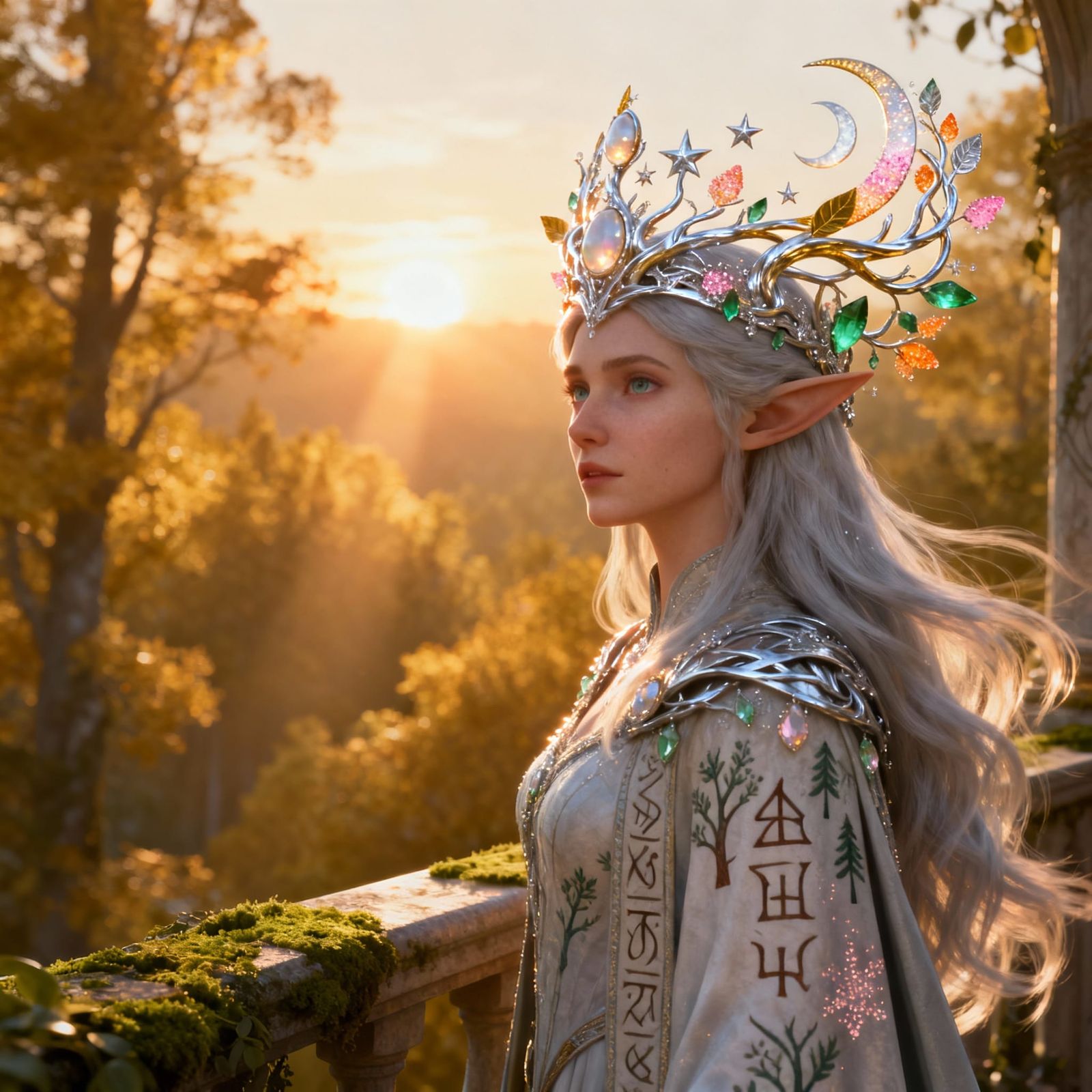 Majestic Elven Queen in Golden Forest Sunrise