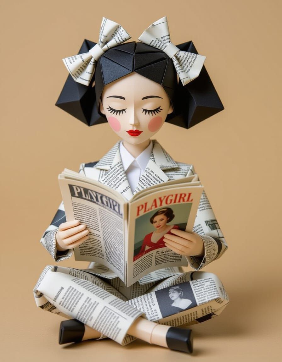 Origami Newspaper Doll Reading Magazine in Studio Light