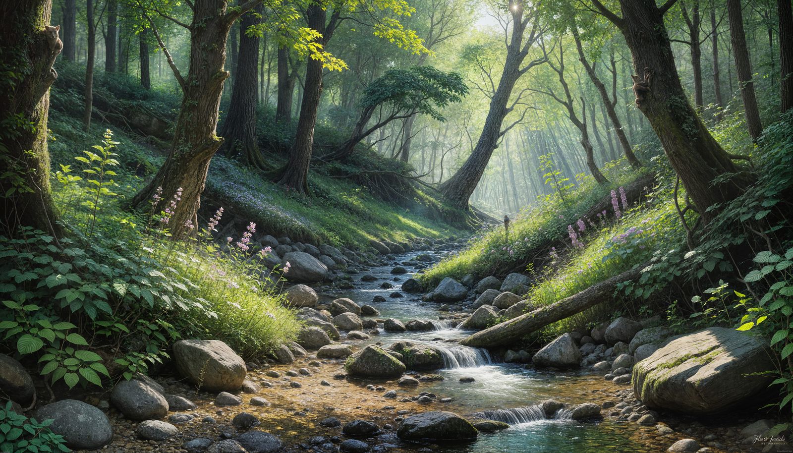 Breezy Forest Dawn in Whimsical Oil Painting