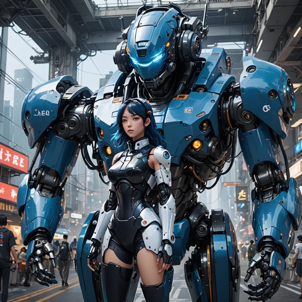 Young Pilot Controls Robot Suit in 3D Anime Art