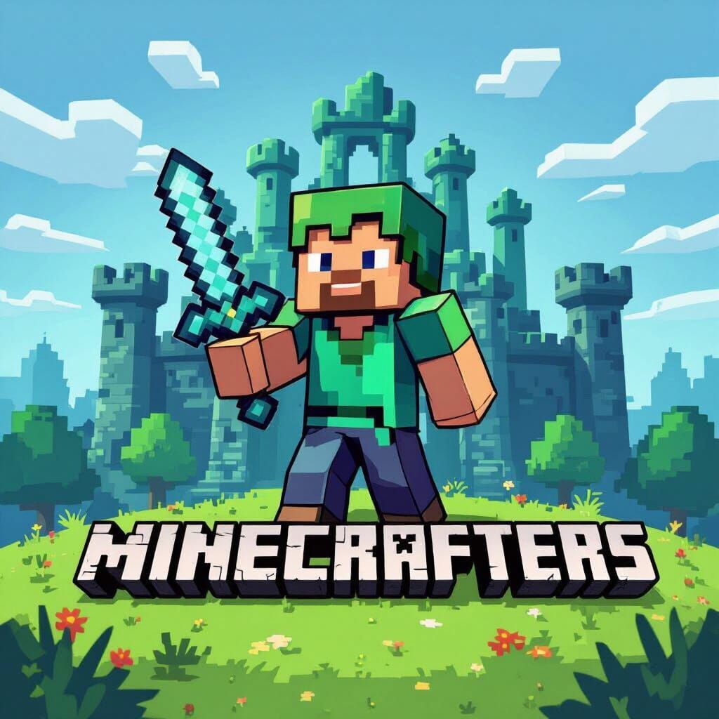 Pixel Art Minecraft Logo with Diamond Sword and Castle