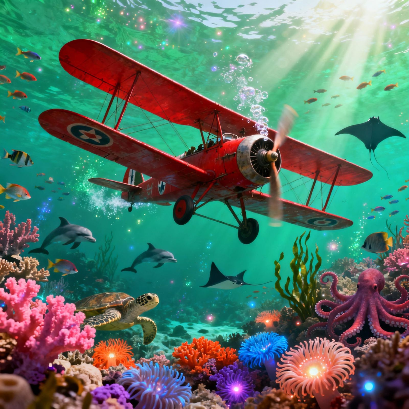 Underwater Biplane Amidst Coral Reef