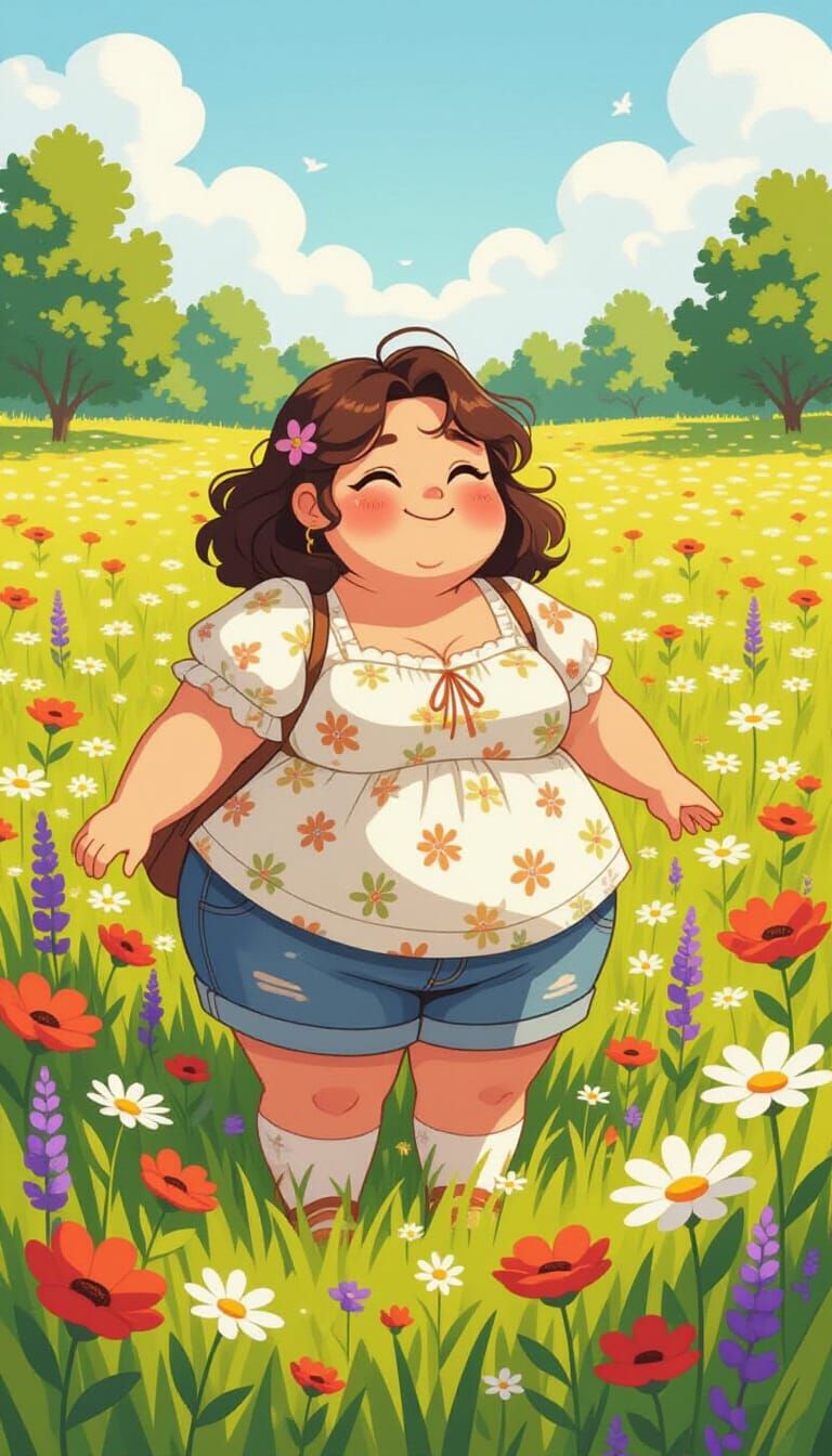 Comical Woman in Wildflower Meadow, Comic Style