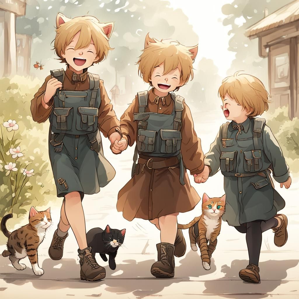 Happy Children Walking with Cute Kittens