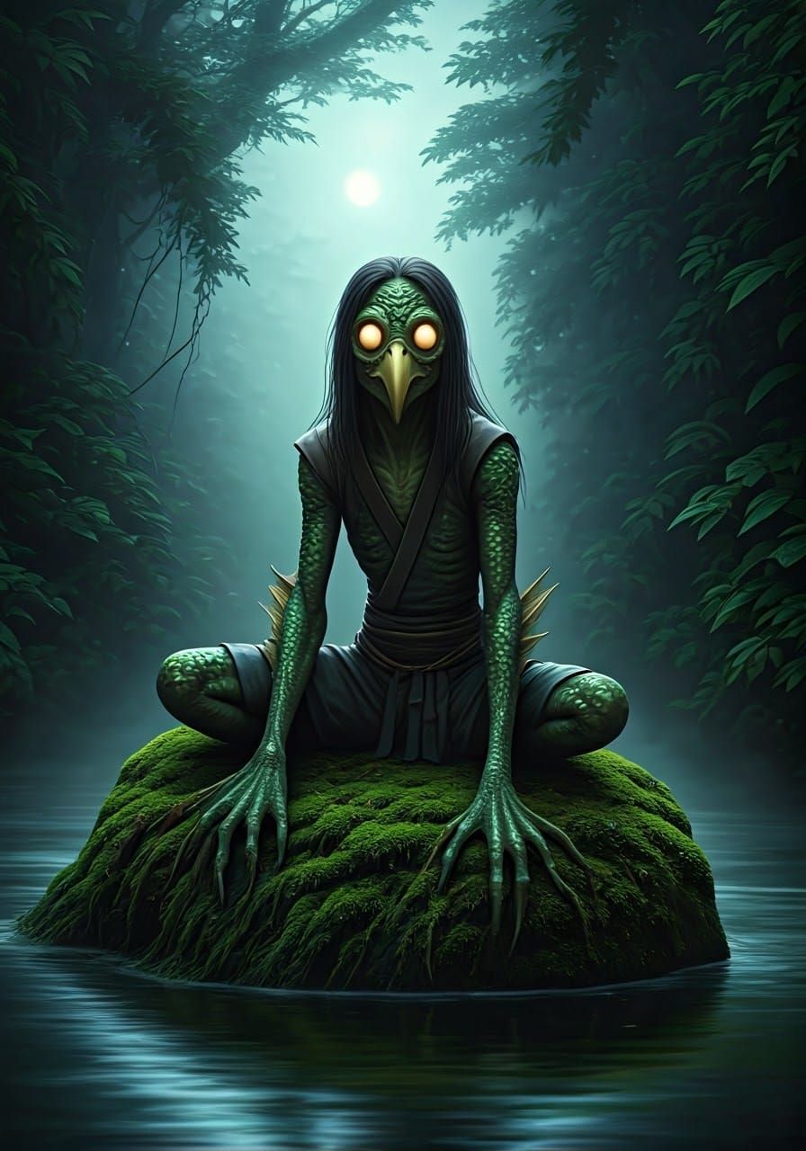 Mystical Kappa Emerge from Japanese River in Moonlit Setting