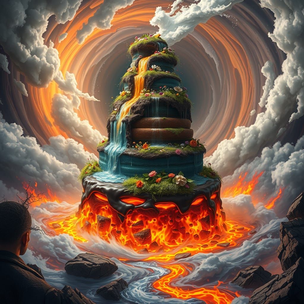 Colossal Elemental Cake Rising: Hyperrealistic Food Fantasy