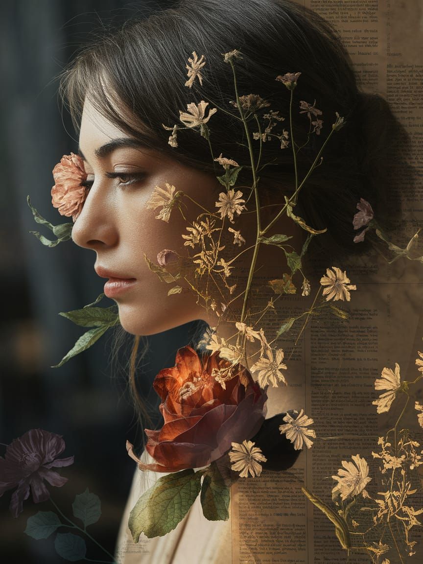 Double Exposure Woman Profile with Flowers in Mixed Media