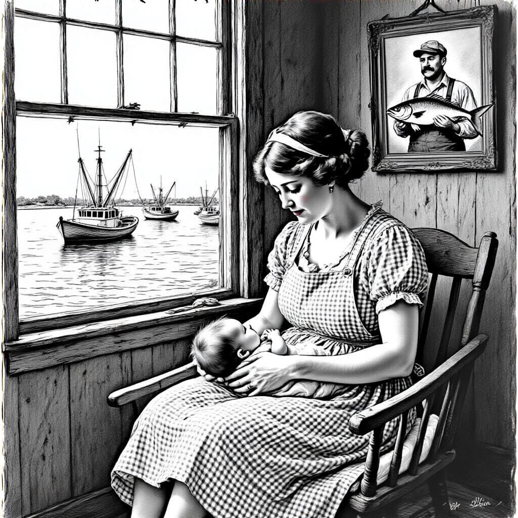 1920s Charleston Woman Rocks Baby, Fishing Boats Visible