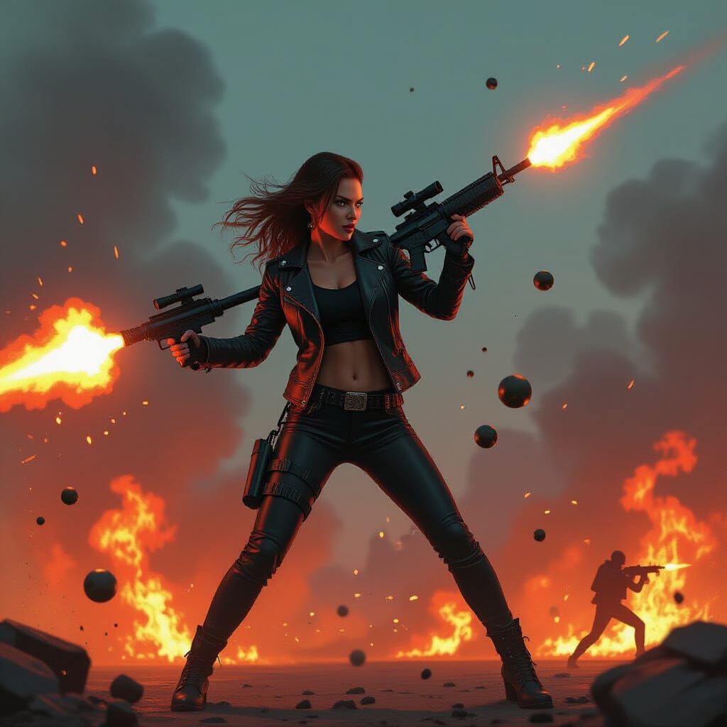 Flaming Woman Wielding Flamethrower in Dystopian Landscape