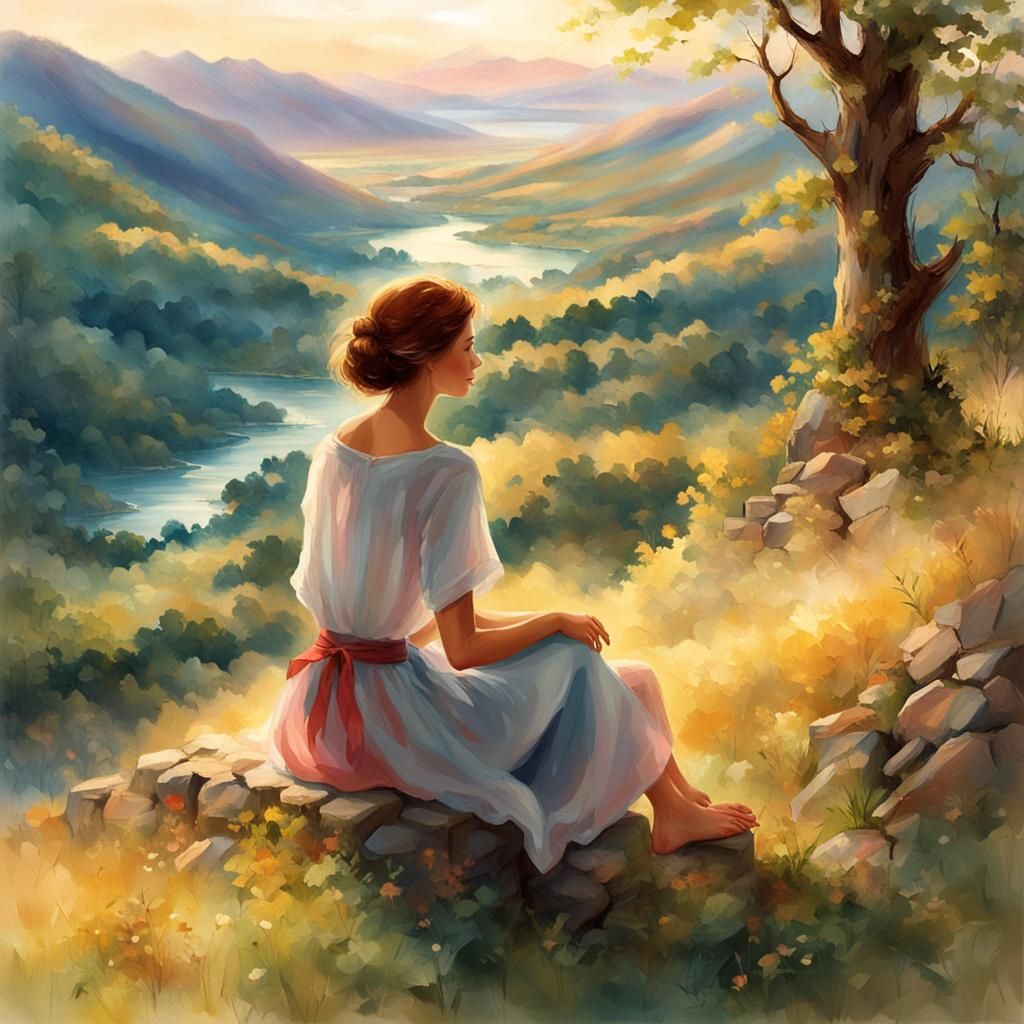 Woman on Hillside Overlooking Scenic Mountain View