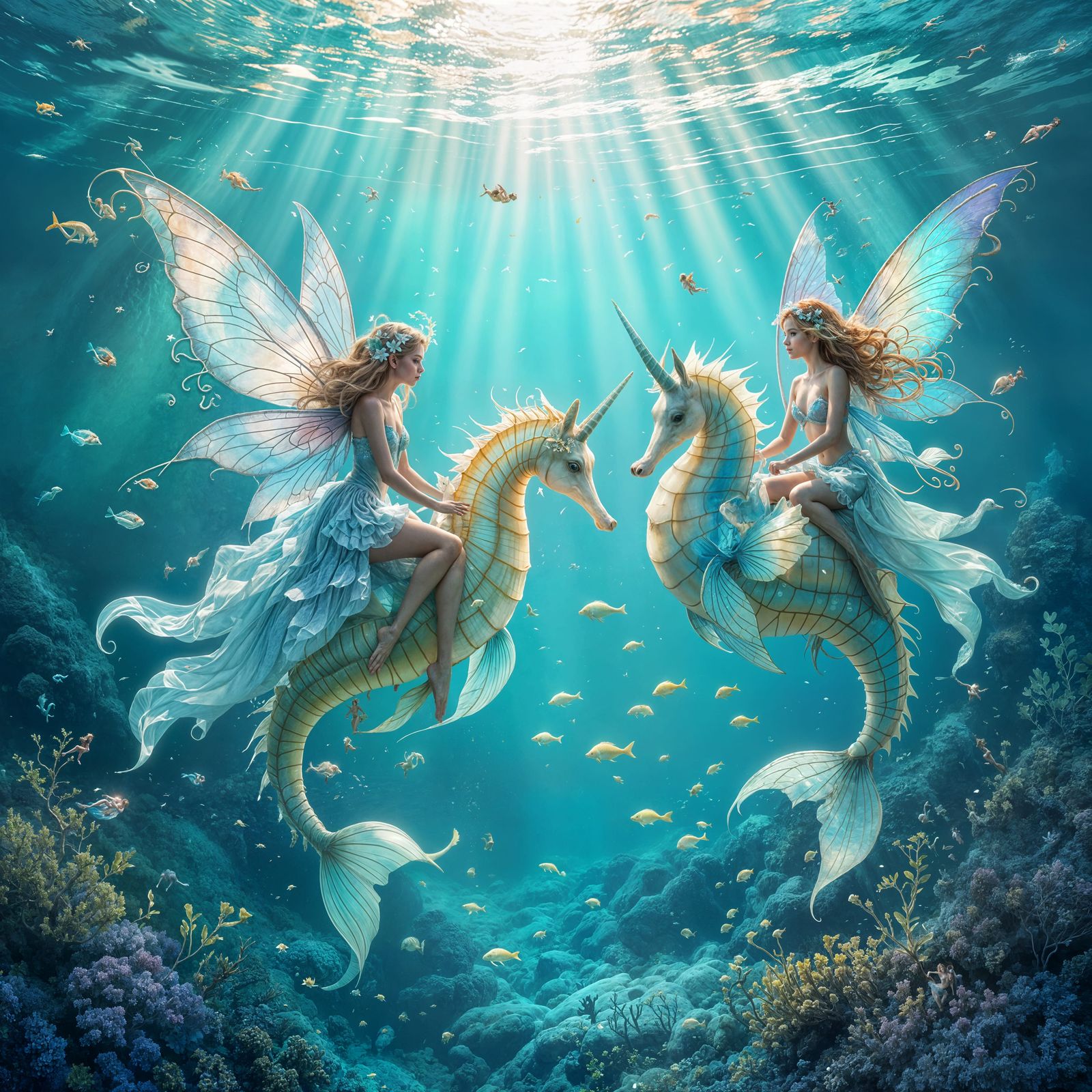 Fairy-Mermaid Hybrids Ride Seahorses in Enchanted Sapphire W...