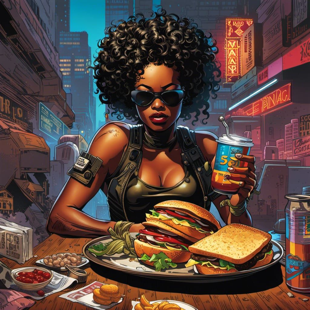 Cyberpunk Comic Art: Black Woman with Sandwich