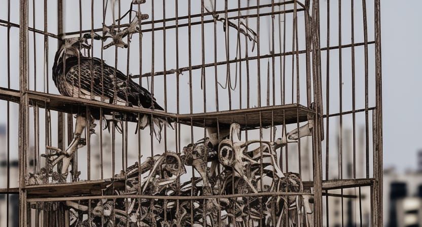 Cartoon Hawk in Cage Above City