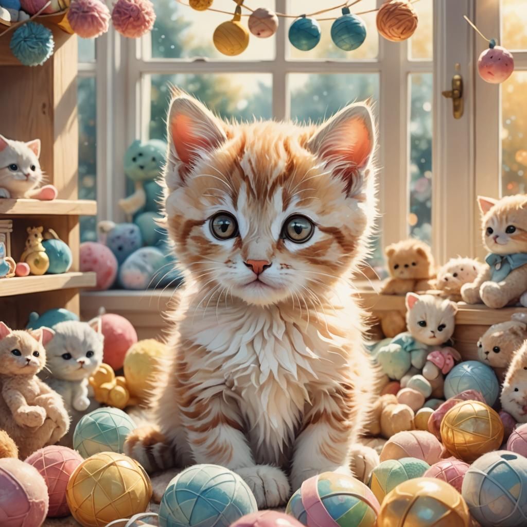 Charming Kitten in Nursery, Watercolor Digital Art