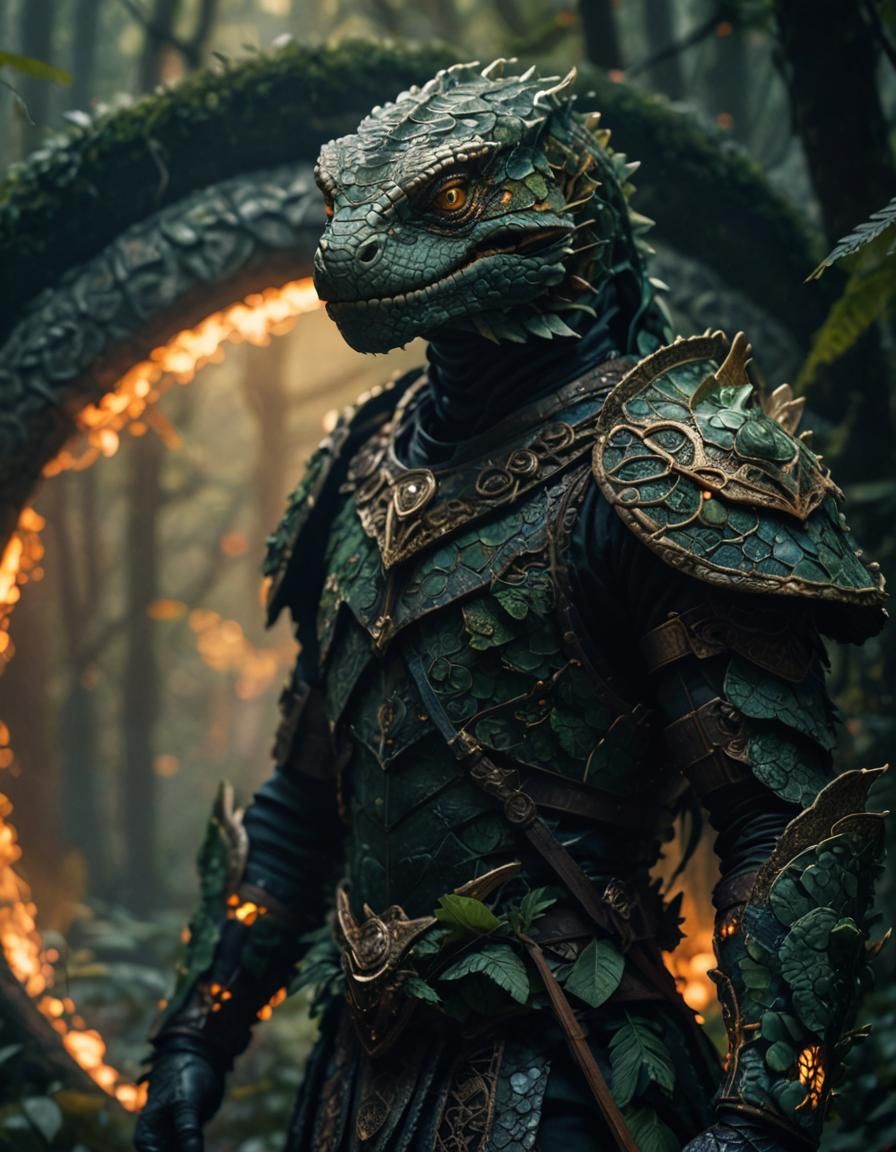 Lizard Man Warrior in Forest Armor