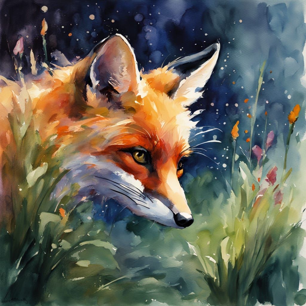 Whimsical Watercolor Scene of Fox and Frog in Rainy Woods
